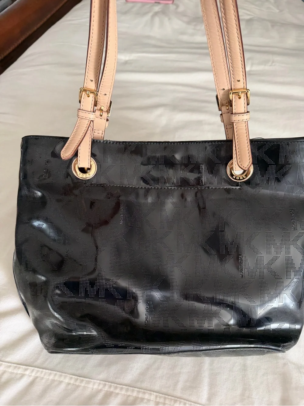 Michael Kors Black Logo Shoulder Tote with Neutral Leather Straps